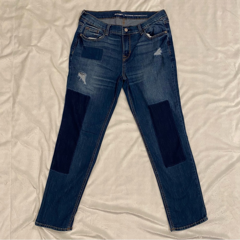 boyfriend straight leg patchwork jeans